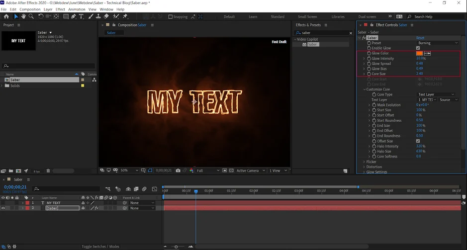 adjust the setting in the effect panel