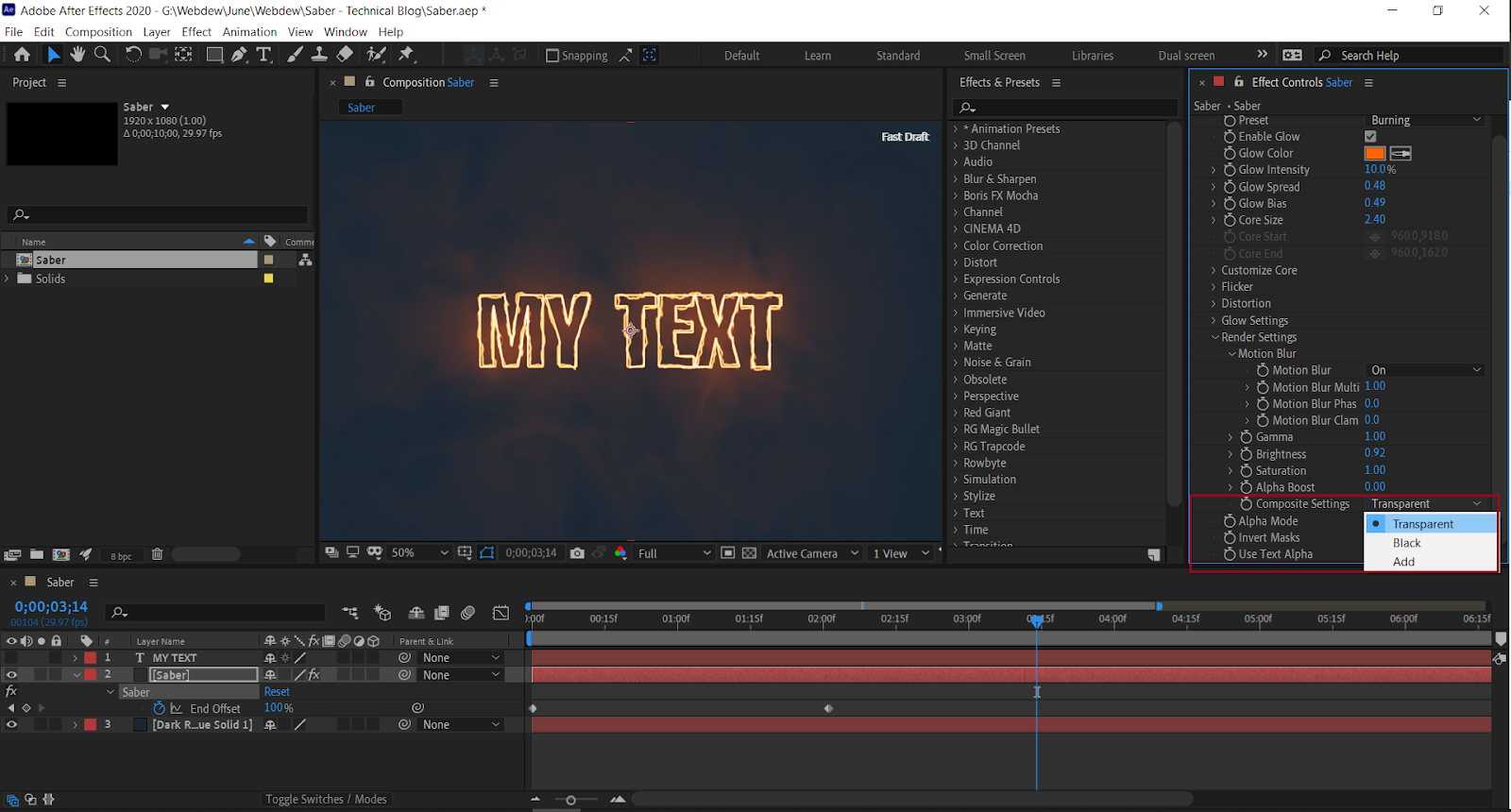 go to the saber effects panel