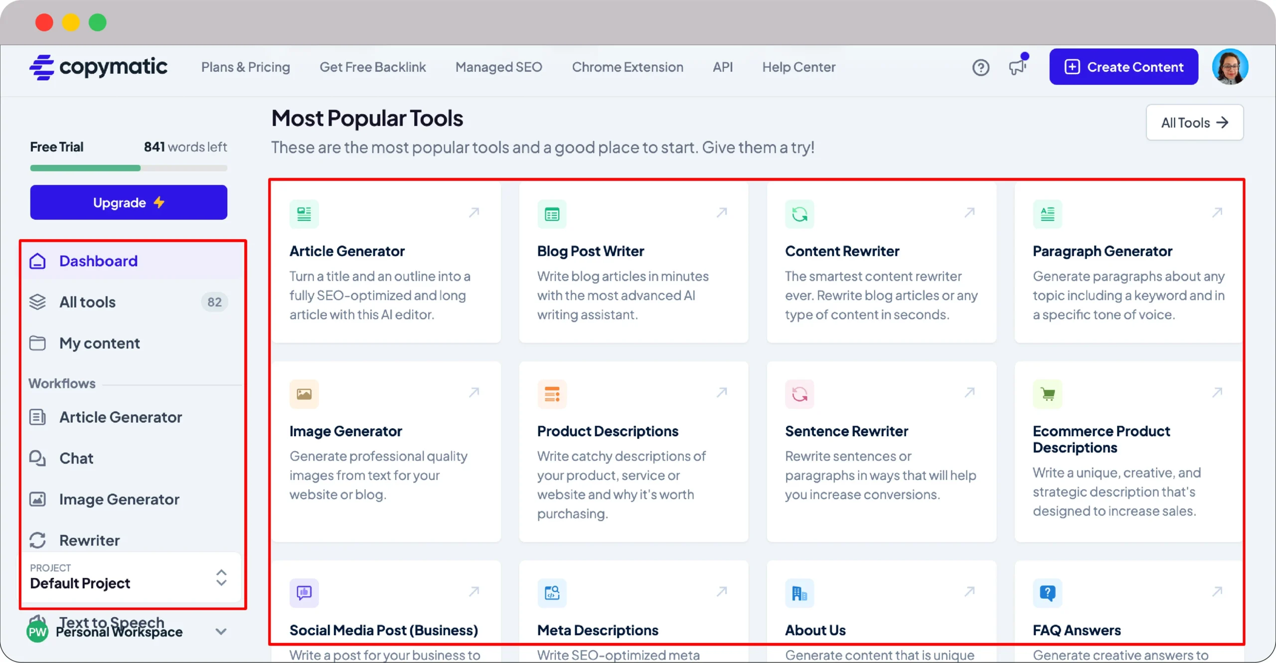 From ideas to text: 14 best AI Content Writing Tools at your service 29 Copymatic dashboard scaled