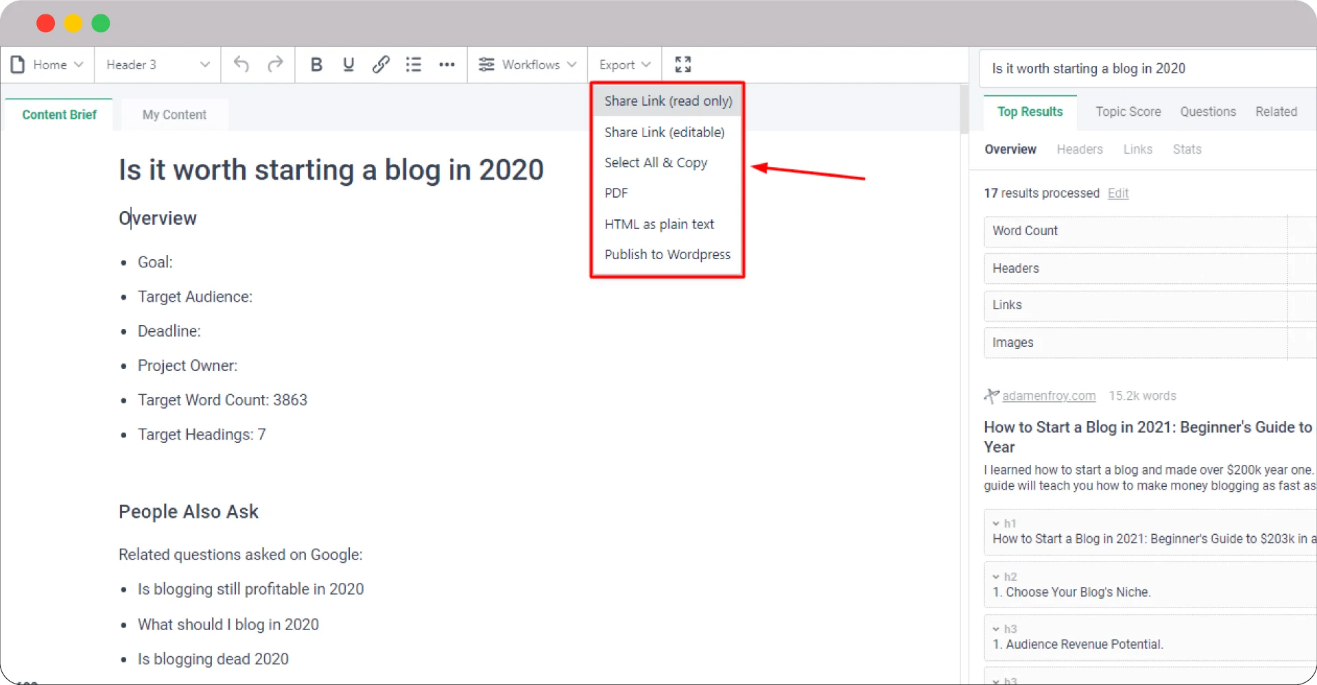 From ideas to text: 14 best AI Content Writing Tools at your service 3 Frase export content brief