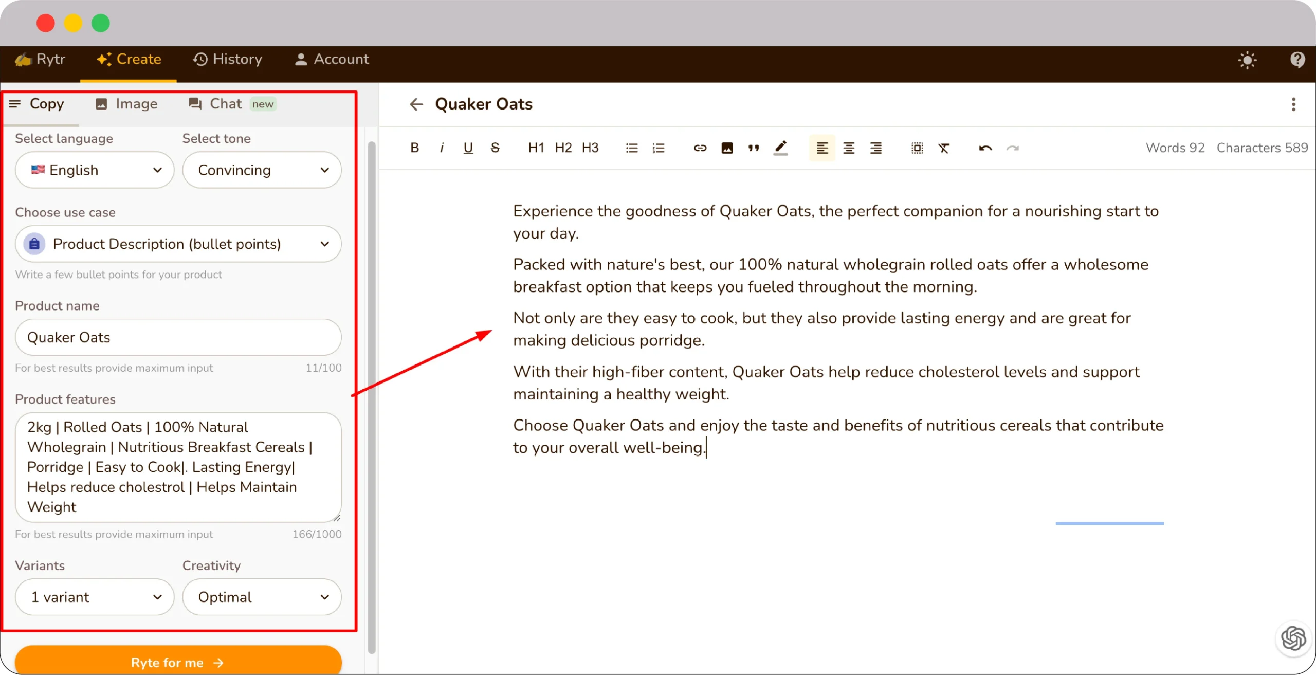 From ideas to text: 14 best AI Content Writing Tools at your service 24 Rytr product description scaled