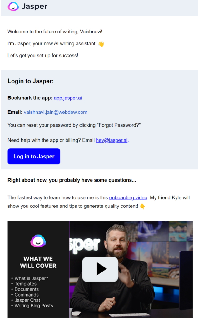 Onboarding email Jasper