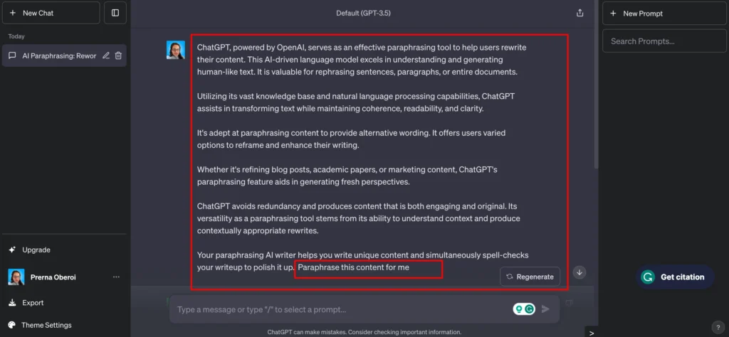 chatgpt prompt to paraphrase content