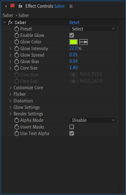 effect controls saber