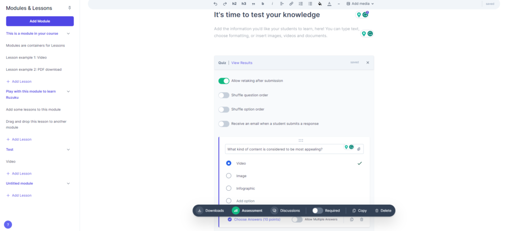 Add quiz in the lesson