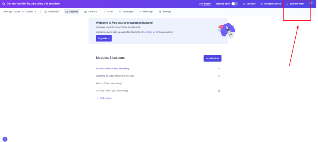 Click on student videw to preview the course