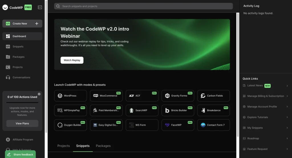CodeWP primary dashboard