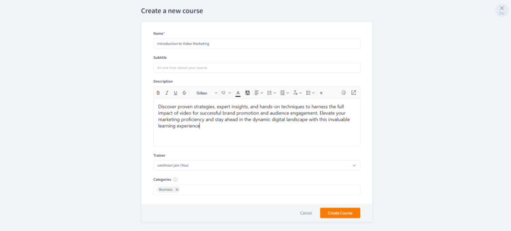 Details to enter while creating course