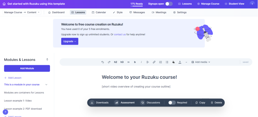 Editing dashboard in Ruzuku