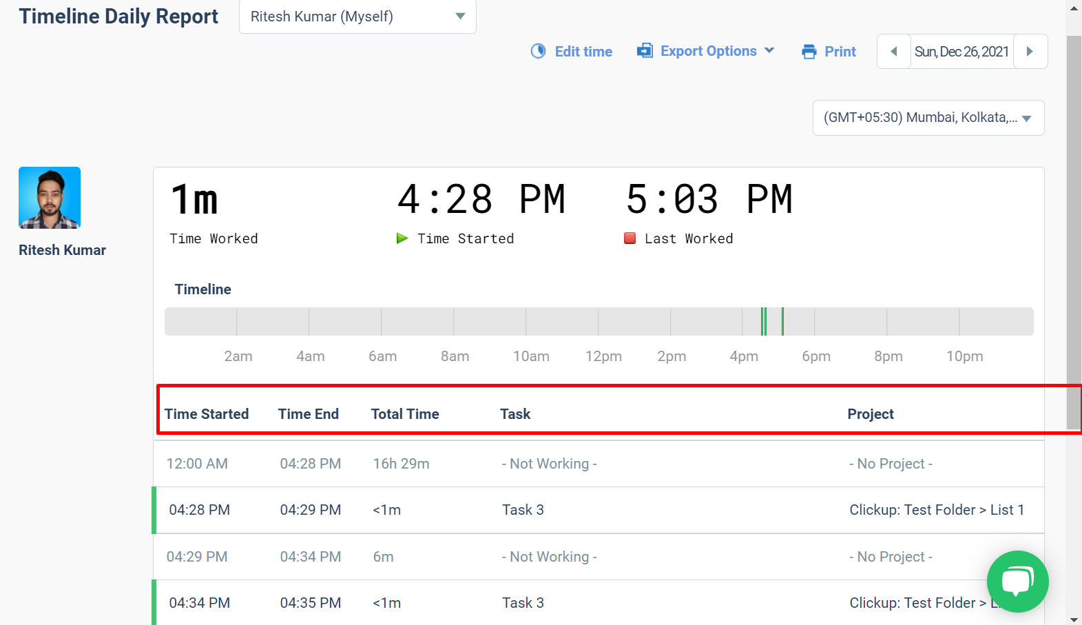 Enables timeline or entire day working report