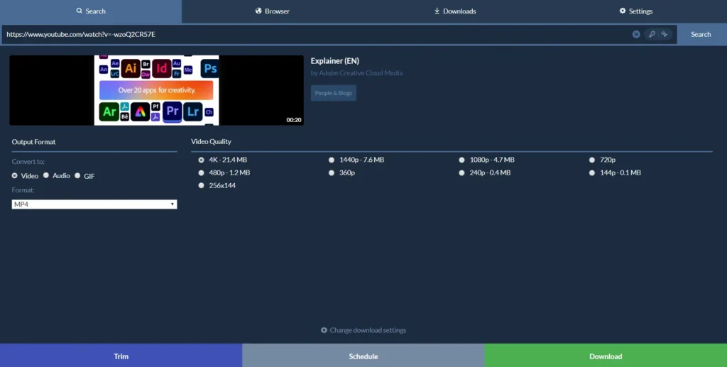 Options to download the video