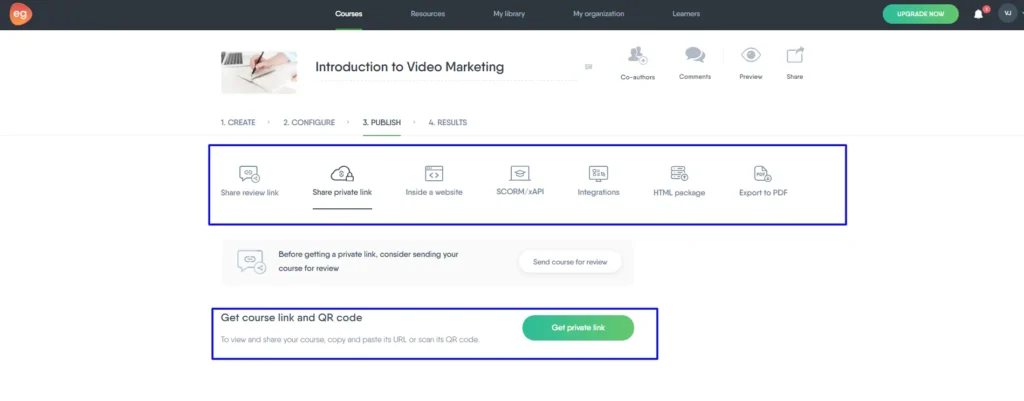 Options to publish course