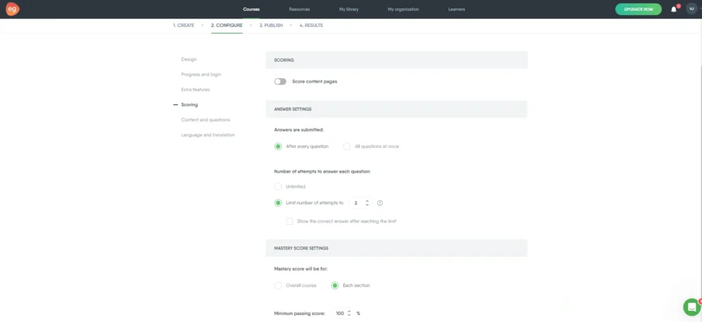 Options under scoring section ofConfigure