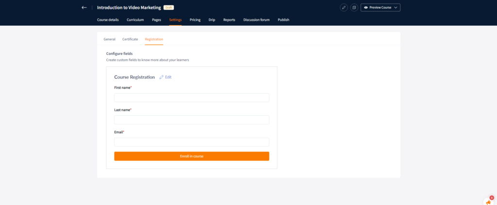Registration form in the course