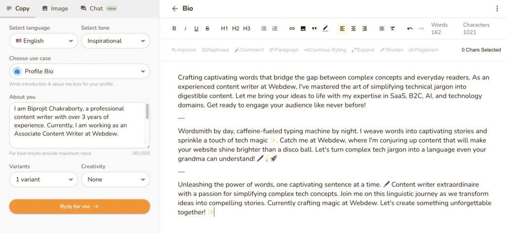Rytr AI generating bios