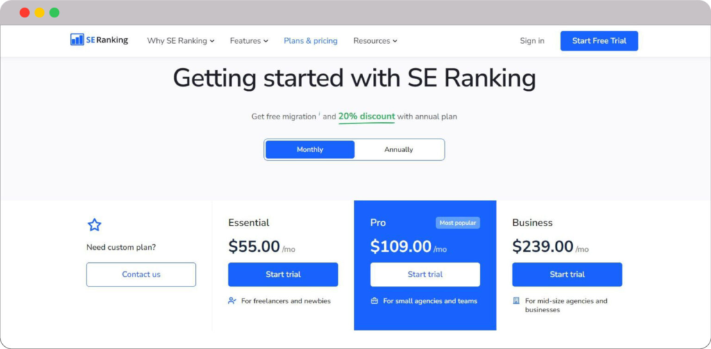 Dominate Search Engine with Backlink Checker: Our 20 Free & Paid Picks 39 SERanking Pricing Plans 1536x754 1
