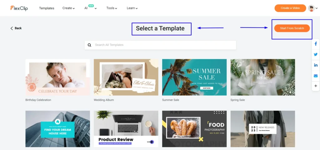 Honest FlexClip Review: In-depth Guide for your Decision-Making 33 Select Template or Start From Scratch