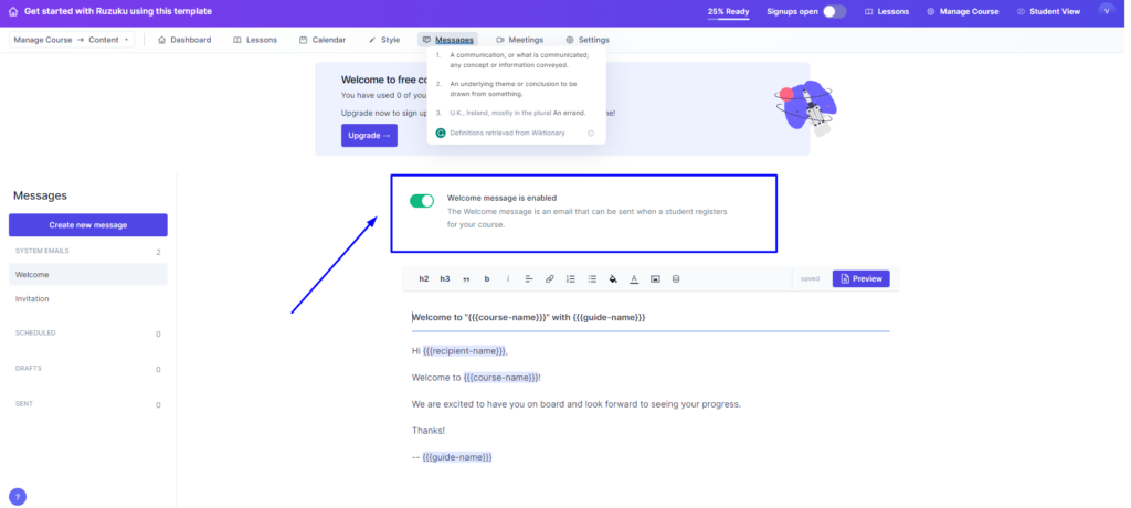 Send message of your course