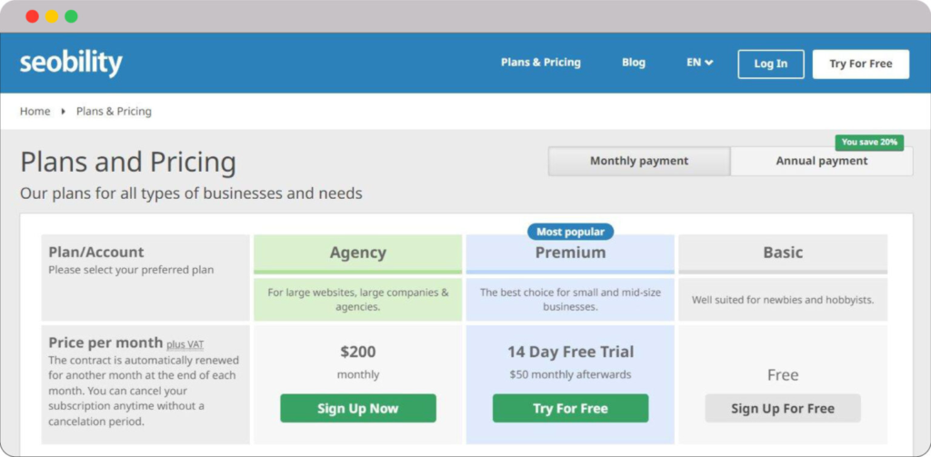 Dominate Search Engine with Backlink Checker: Our 20 Free & Paid Picks 42 Seobility Pricing Plan 1536x754 1