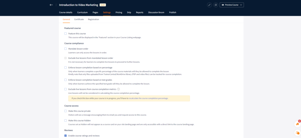Settings of the course