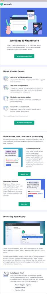 Win over Customers with 8 Irresistible SaaS Email Marketing Templates 1 Welcome Email Grammarly 165x1024 1
