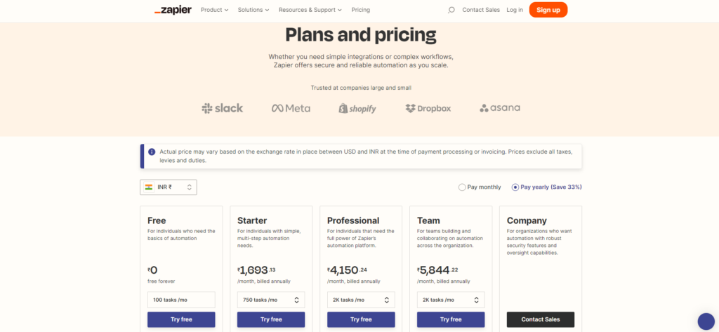 Zapier pricing plans
