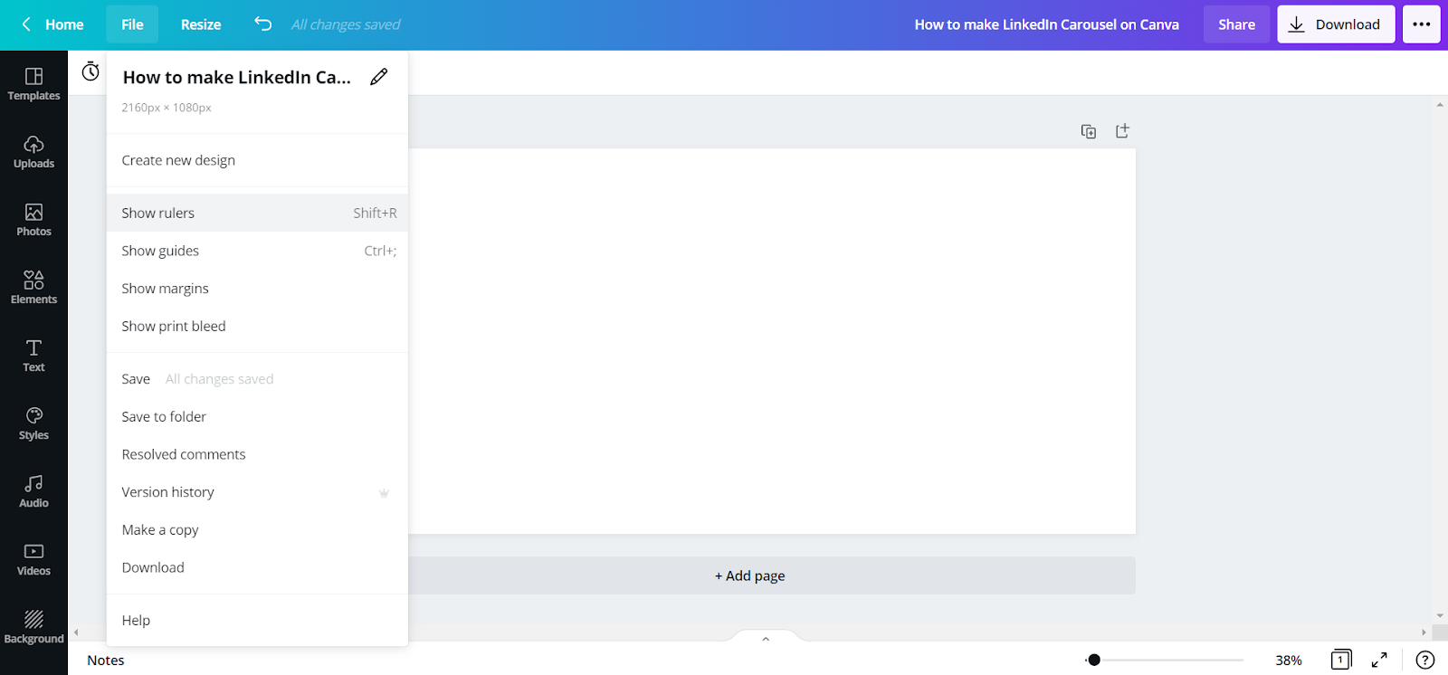click on the file show rulers