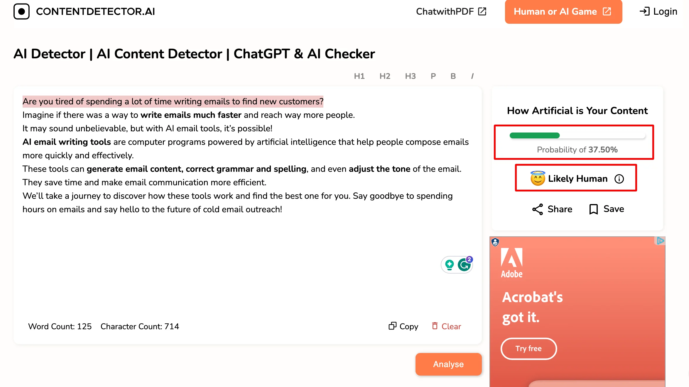 contentdetector.ai partially ai written content