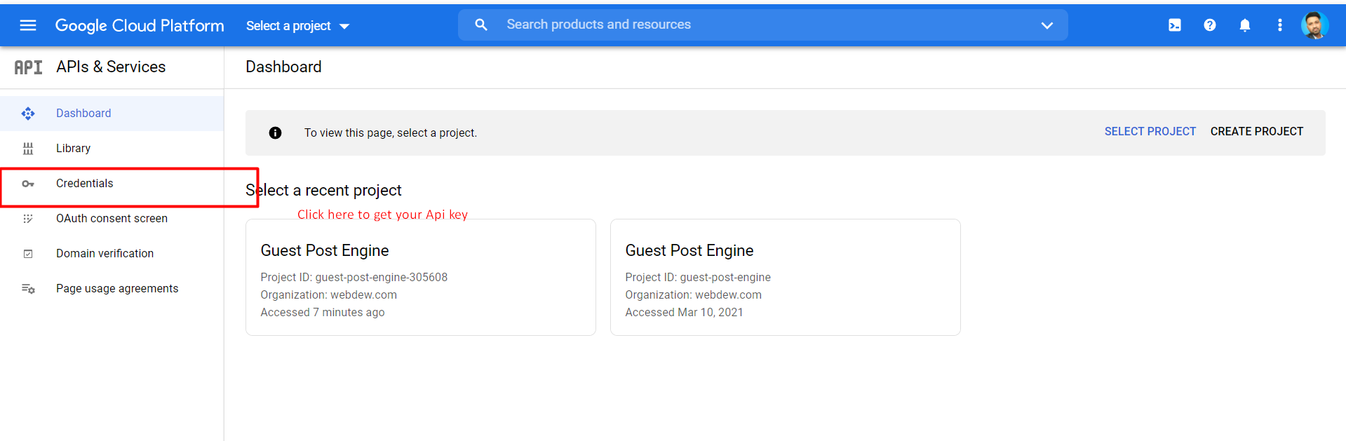 credentials to get your google api