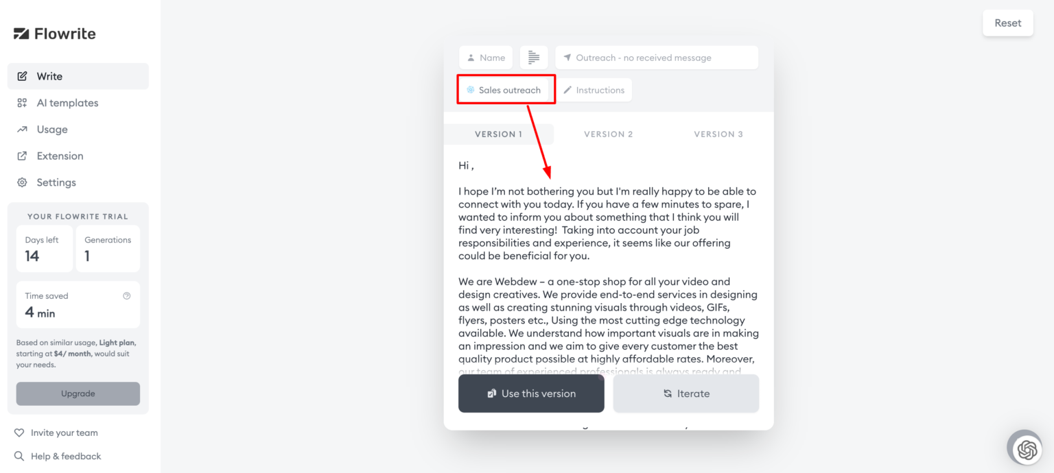 11 Best AI Email Writing Tools: A Gateway to More Impactful Emails 24 flowrite created sales outreach mail 1536x690 1