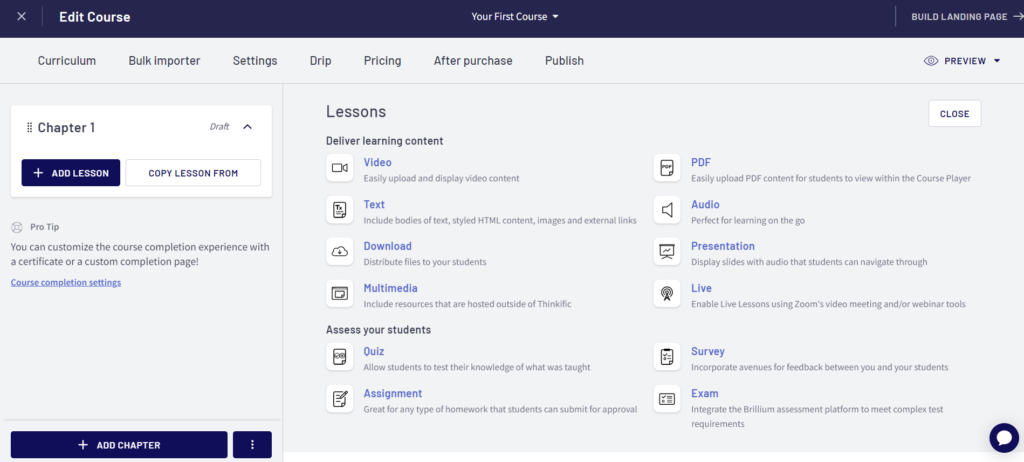 options to add lesson in the chapter