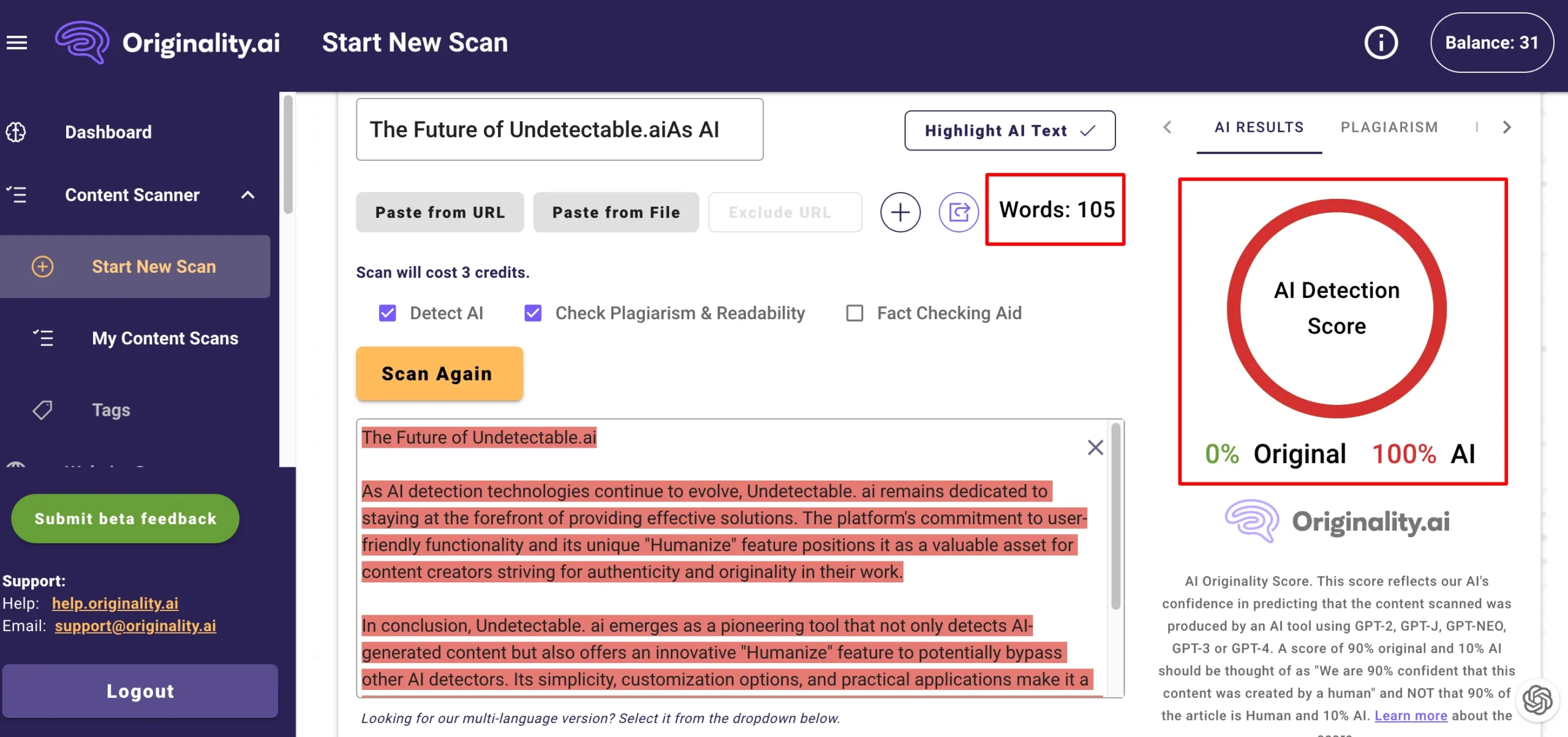 originality.ai correctly scanned AI content scaled