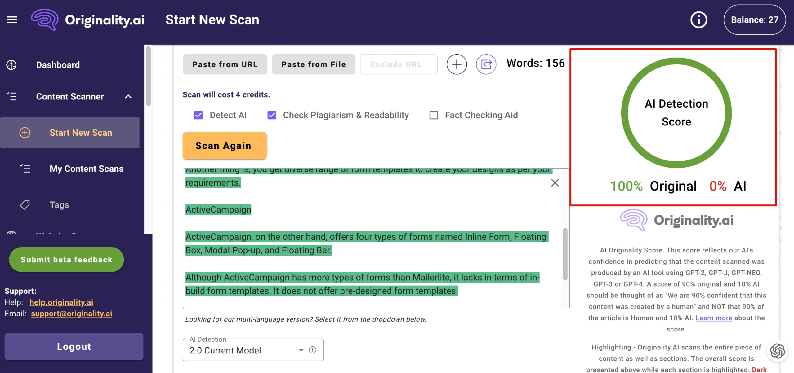 originality.ai correctly scanned human written content scaled