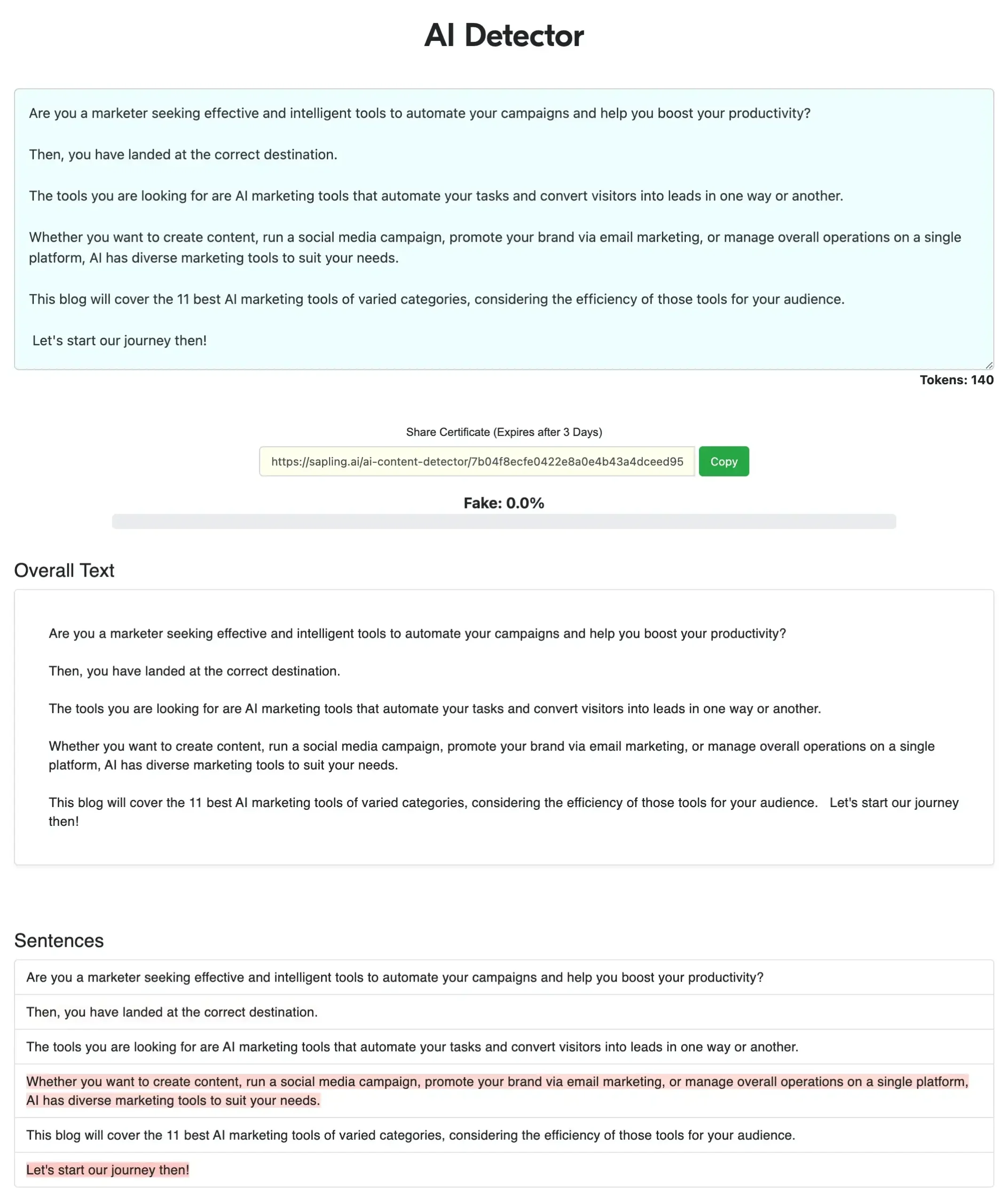 sapling generated result of human written content scaled