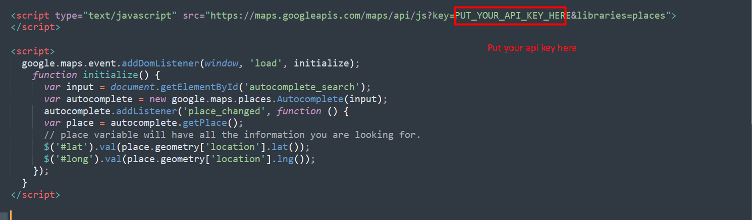set up the code google places