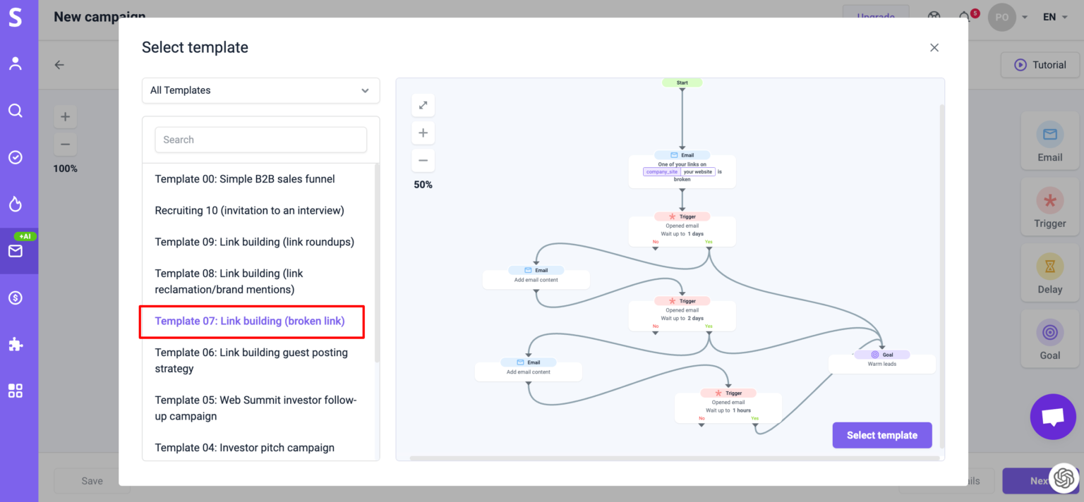 11 Best AI Email Writing Tools: A Gateway to More Impactful Emails 3 snovio selecting template 1536x712 1