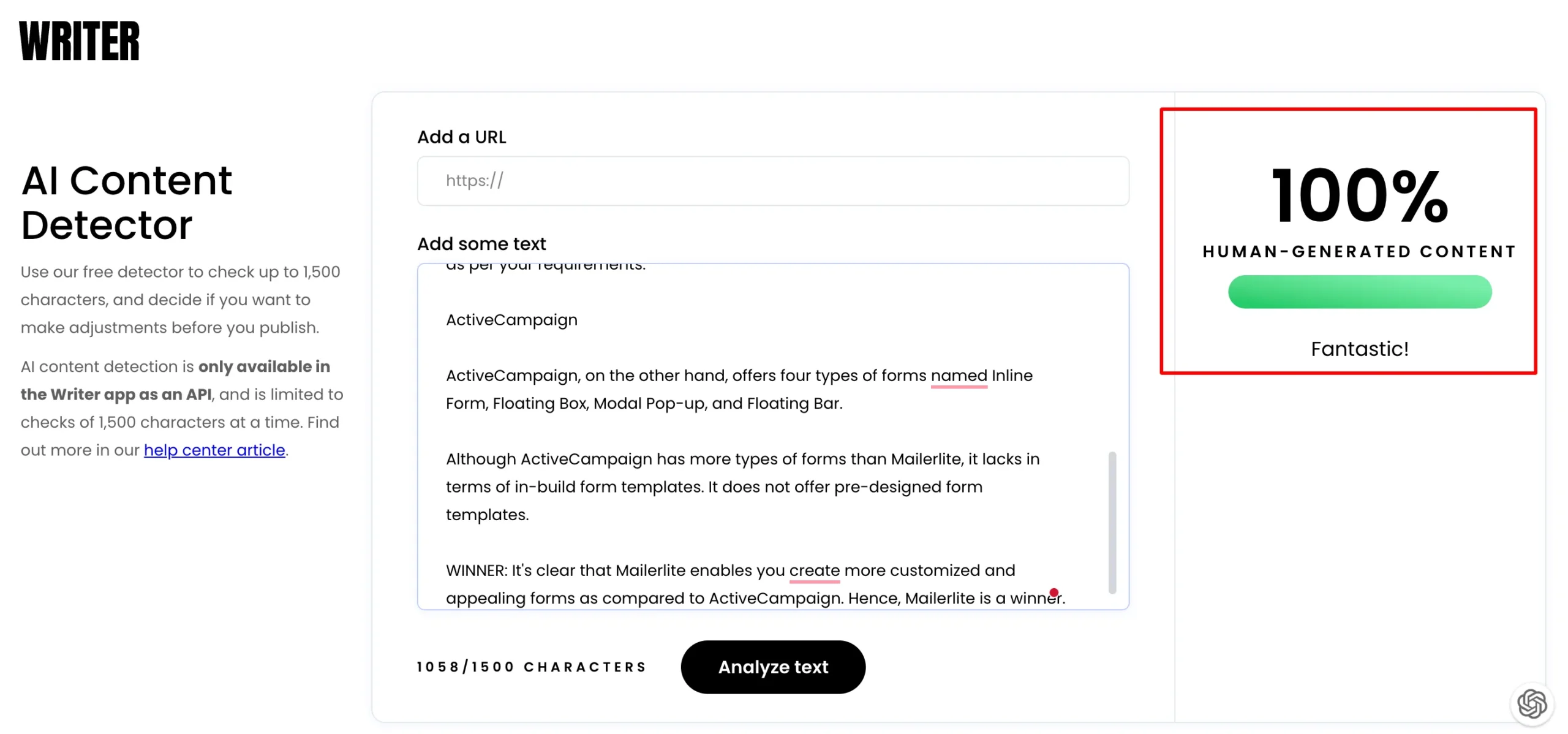 writer correctly detected human content scaled