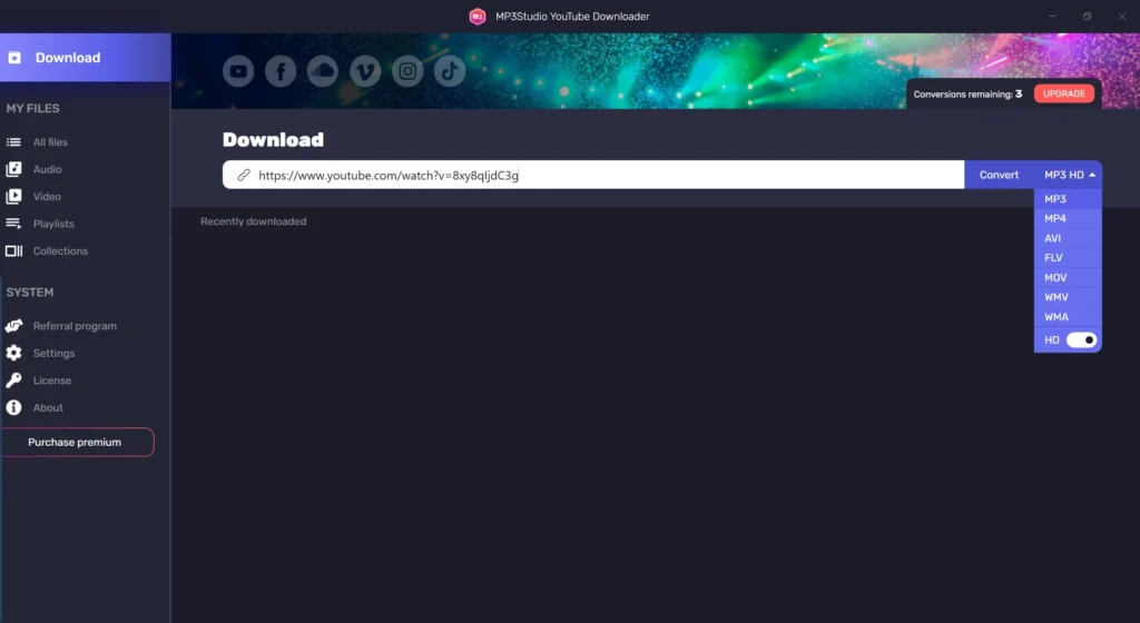 Conversion and downloading options in MP3Studio