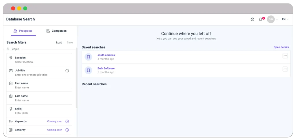 Database search in snov.io