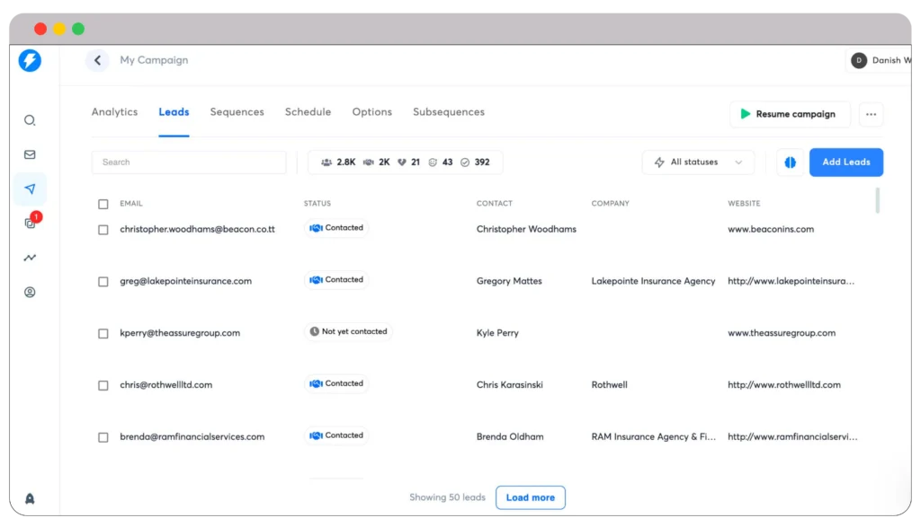 List of leads in campaigns