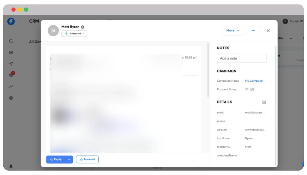 Notes and deals value option in Instantly.ai