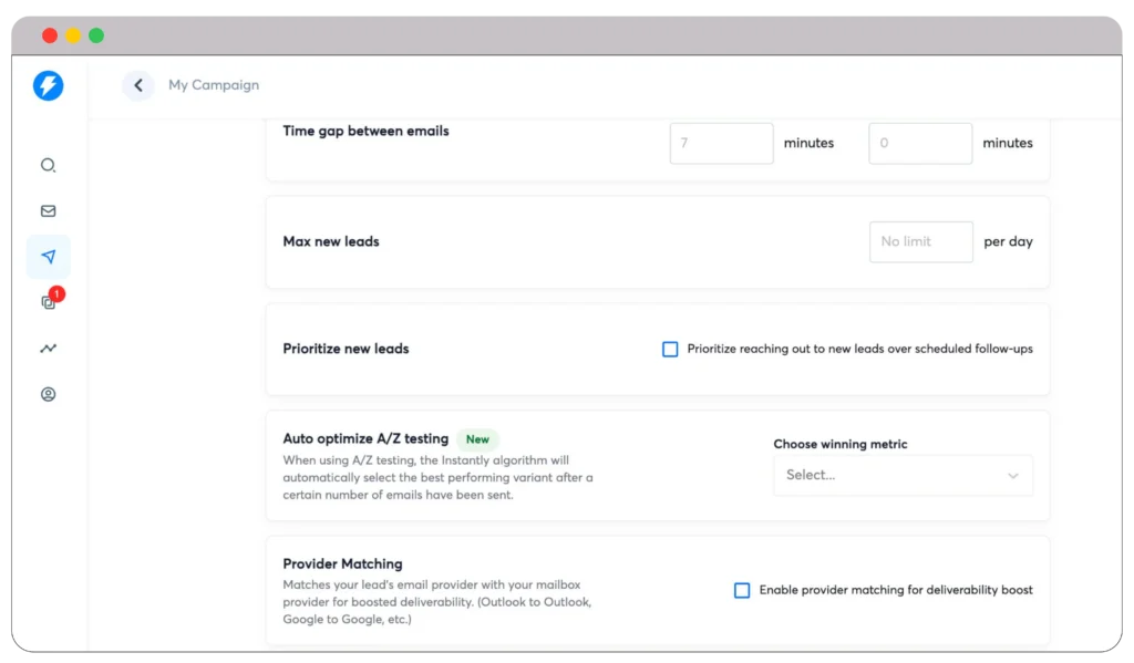 Selecting time gap in Instantly.ai