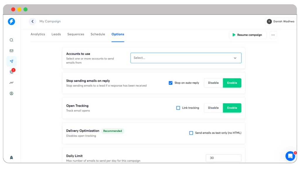 Sending and tracking options in email campaigns