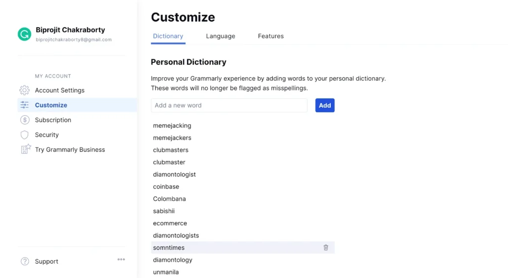 grammarly adding words in dictionary