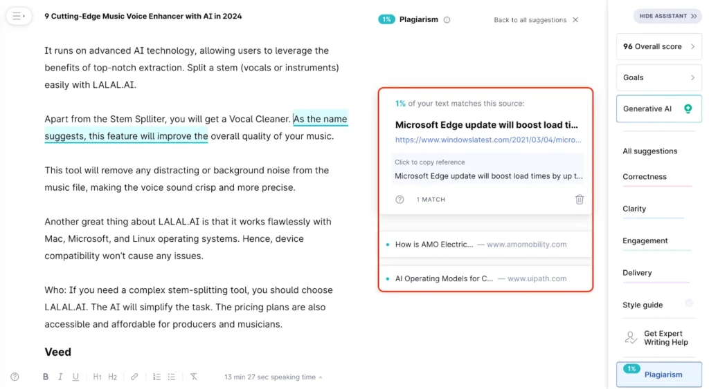 grammarly checking for plag