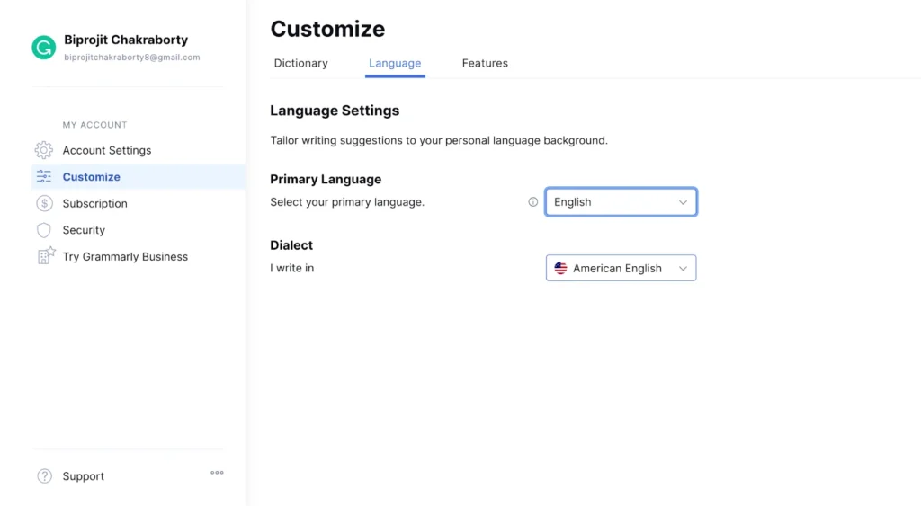 grammarly choosing language preference