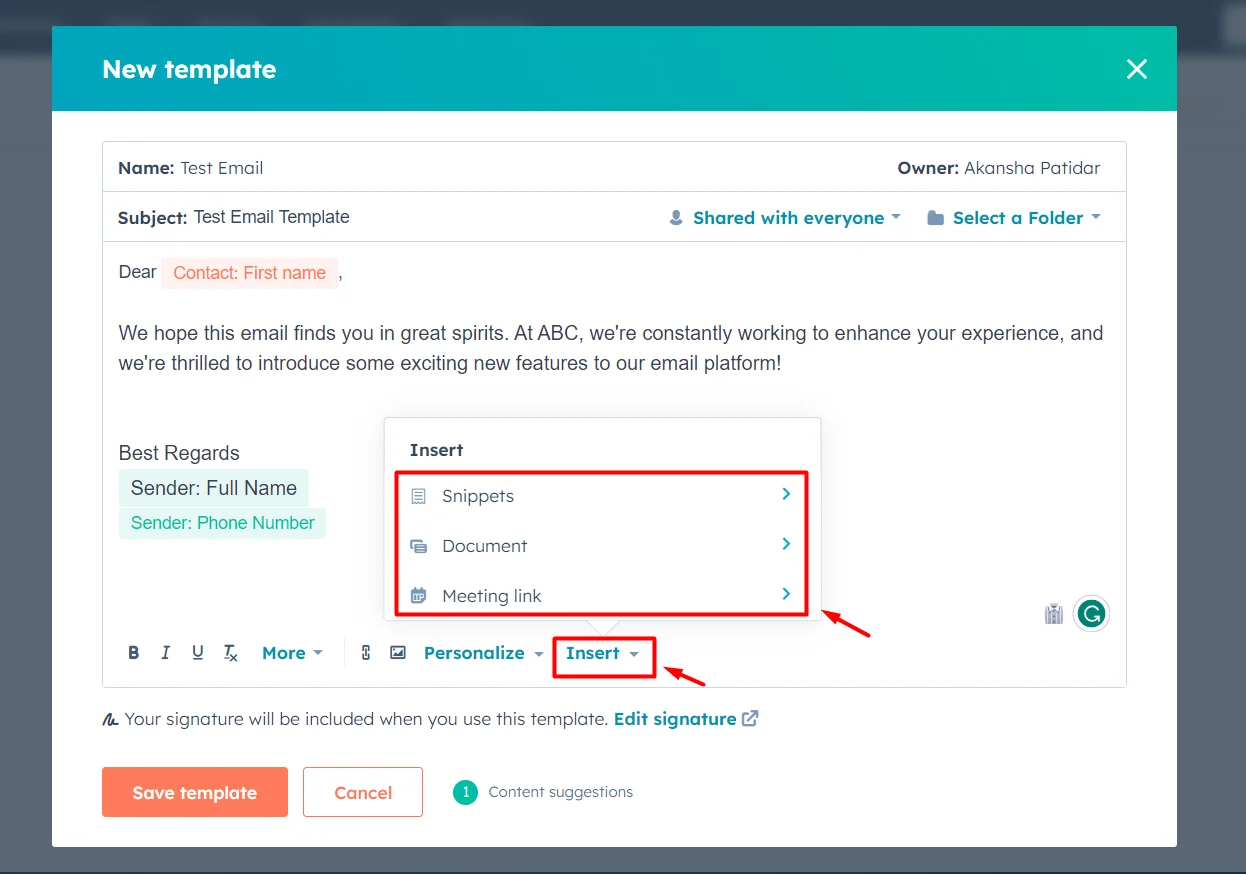 Boost your Email Campaigns with HubSpot Email Template Builder 8 insert-snippets-document-meeting-link