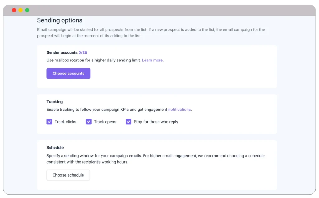 sending options in snov.io