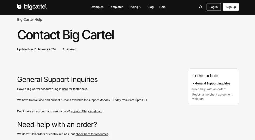 Big Cartel support