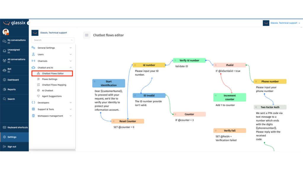 Glassix chatbot flows editor